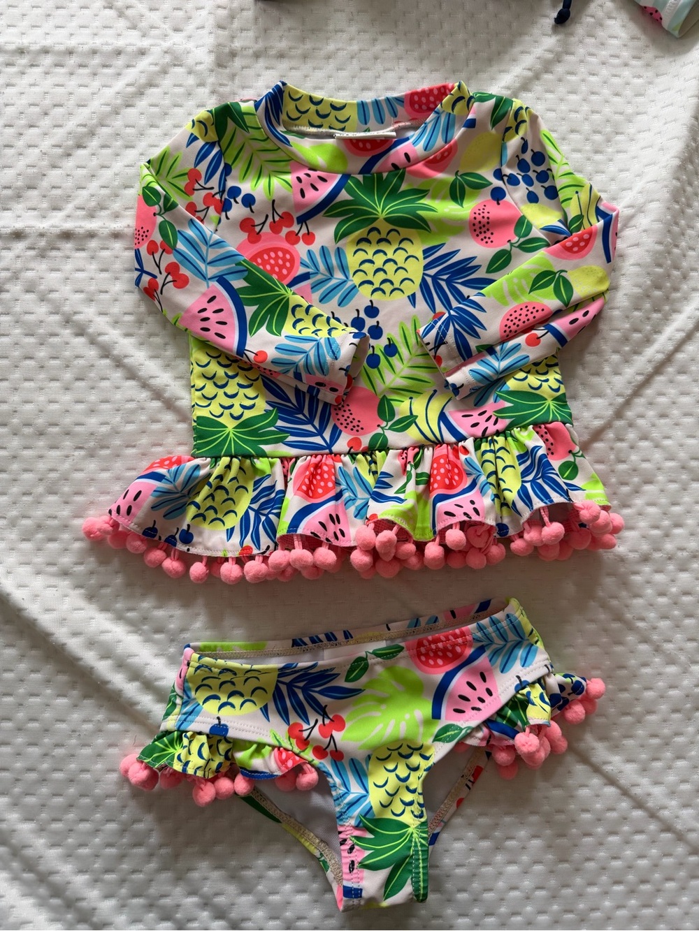 Kids Neon Fruit Print Long-Sleeve Rashguard Set with Pink Pom Trim